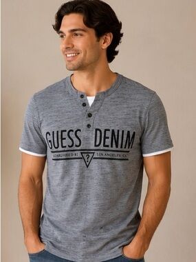 Guess Denim Men’s Henley T-Shirt Gray Graphic Logo Tee Size XS
